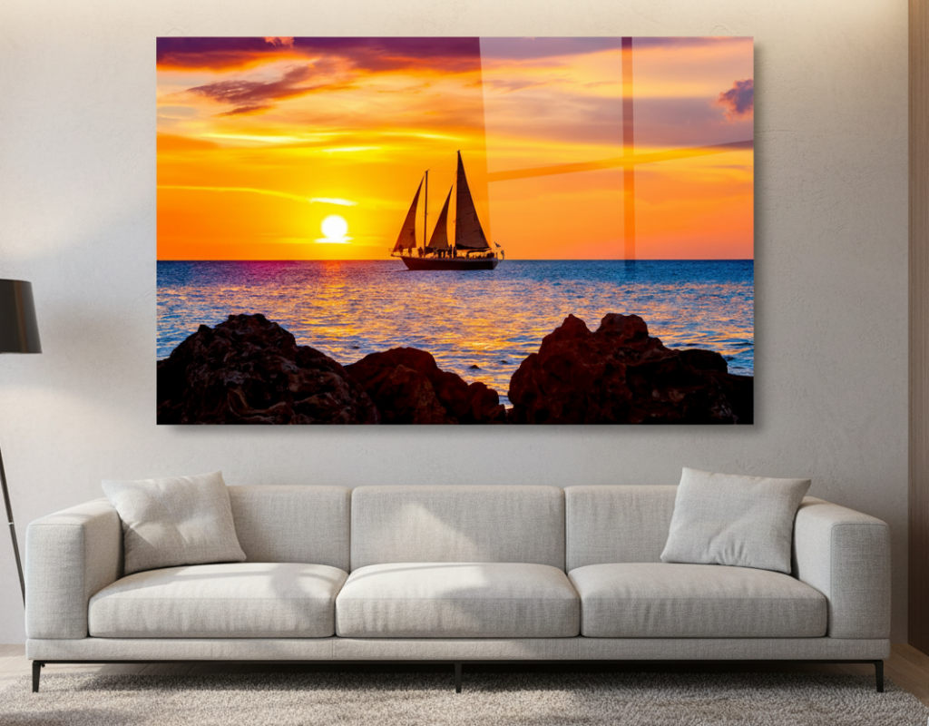 artistic creationz sailboat sunset photo on chromaluxe on livingroom wall