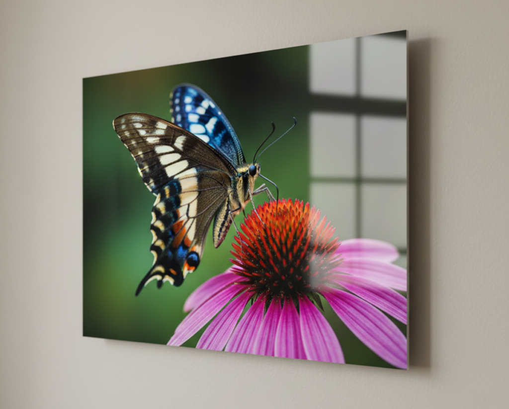 butterfly photo on chromaluxe on office wall