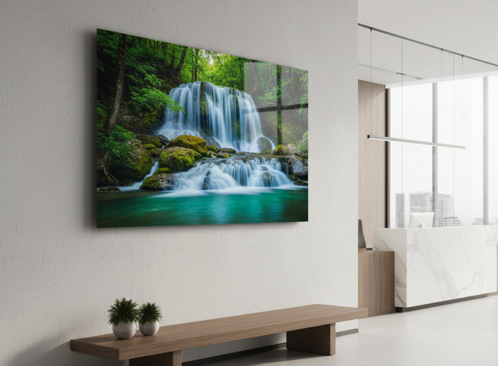 waterfall printed on chromaluxe panel on office lobby wall