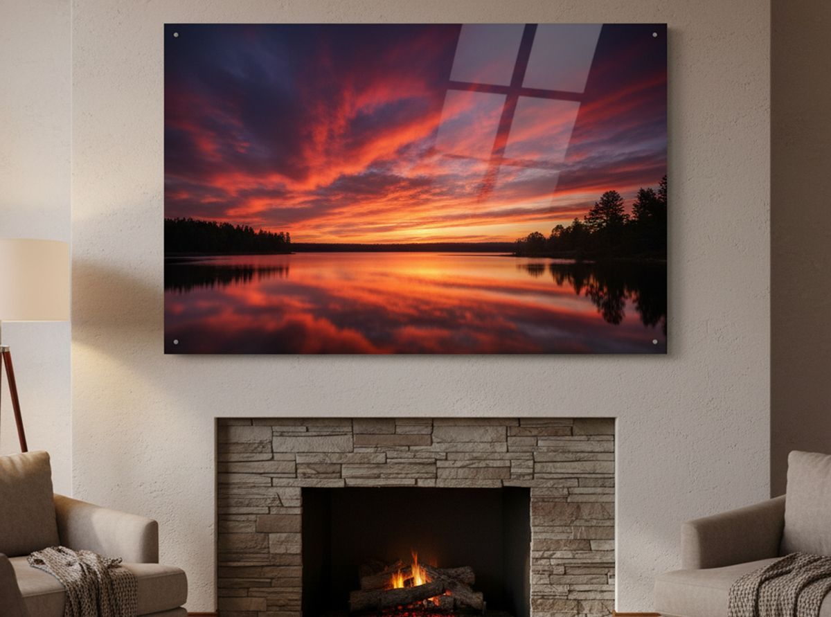 sunset image printed on chromaluxe panel over fireplace