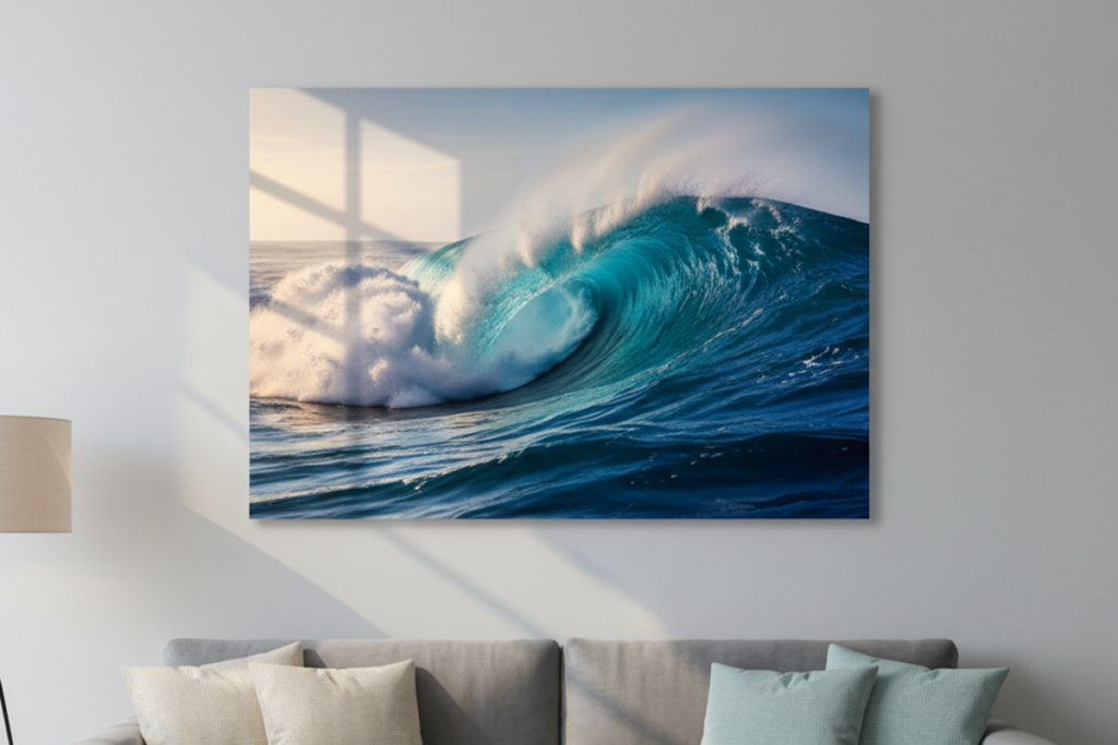 ocean wave printed on chromaluxe on livingroom wall