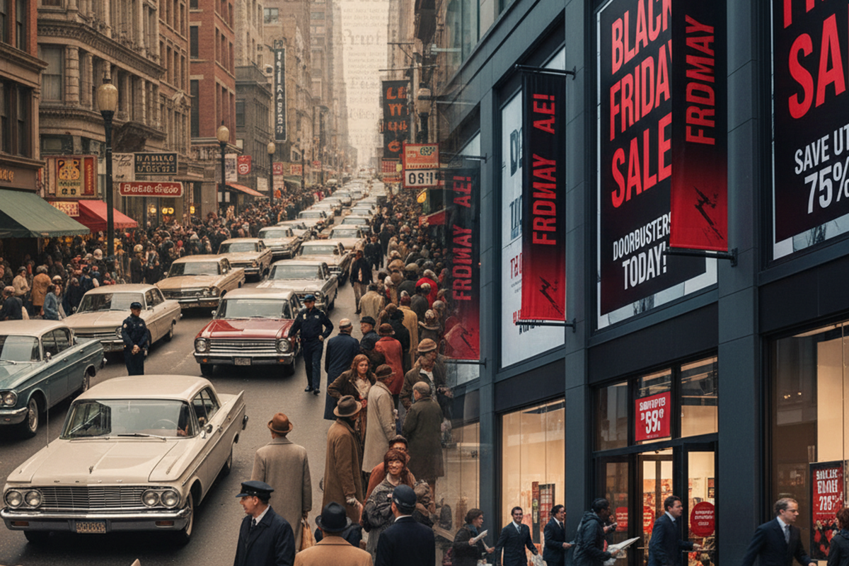 A side-by-side image of the origins of Black Friday and its current state of advertising