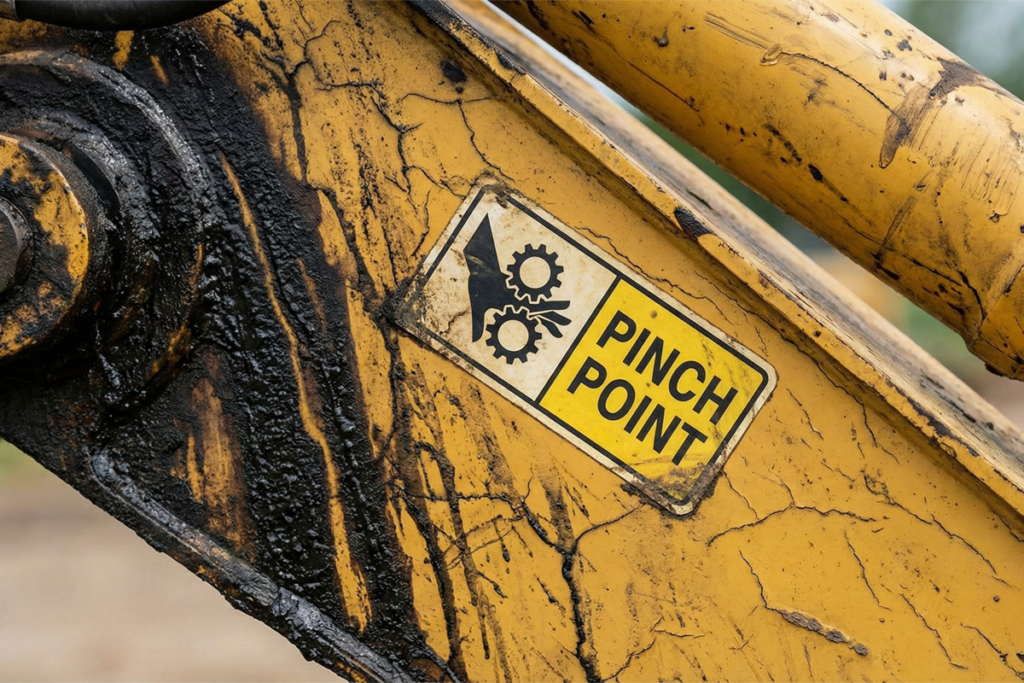 high-tack vinyl sticker on greasy construction equipment